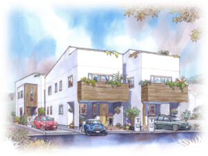 平面図、立面図からイメージパースを描きます。 当初のイメージパースです。