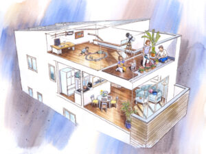 室内を見渡せるようなスケルトンパースも描きました。